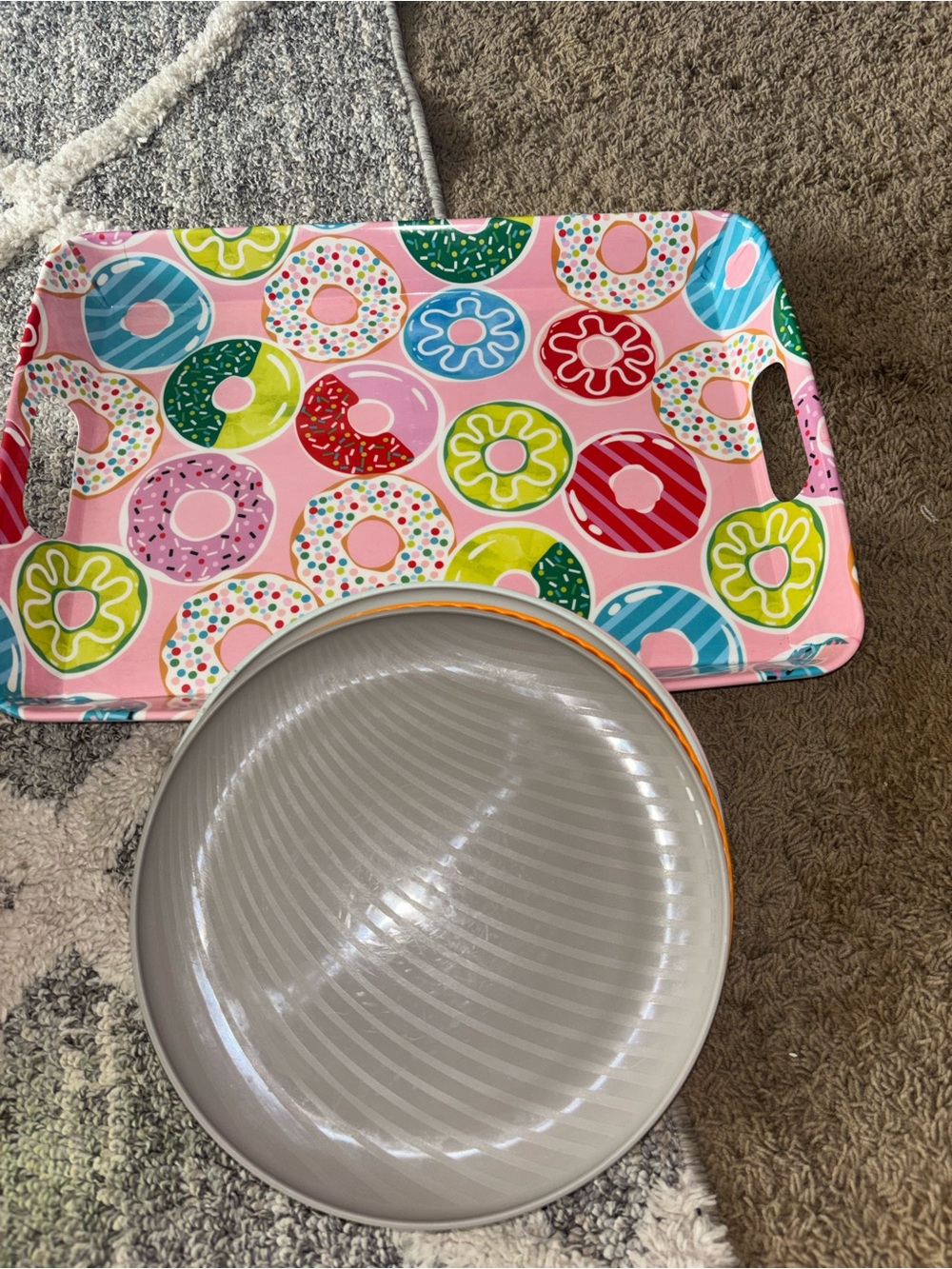Donut Pattern Serving Tray - Pink Multi-Color and plates